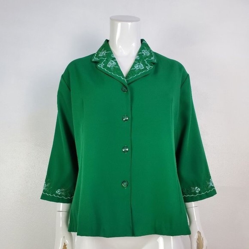 Vintage 80's Green Embroidered Button-Up Blouse